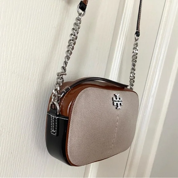 Tory Burch McGraw Color Block Patent Leather Canvas Camera Crossbody Bag - Picture 4 of 15